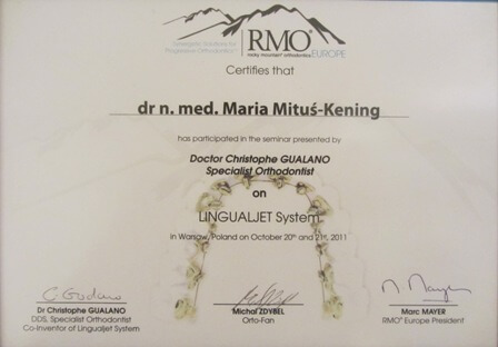 certyfikat potwierdzający udział w kursie medycznym o specjalizacji ortodontycznej
