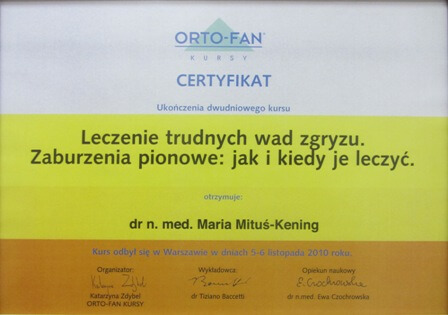 certyfikat ukończenia kursu z zakresu ortodoncji