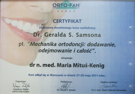 Certyfikat ukończenia kursu Mechanika ortodoncji: dodawanie, odejmowanie i całość