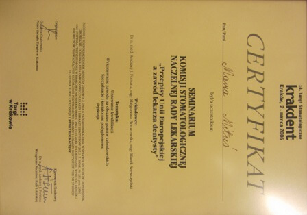 certyfikat potwierdzający uczestnictwo w wydarzeniu o tematyce ortodontycznej