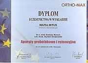 Certyfikat uczestnictwa w wykładzie Aparaty Grubołukowe i Retencyjne