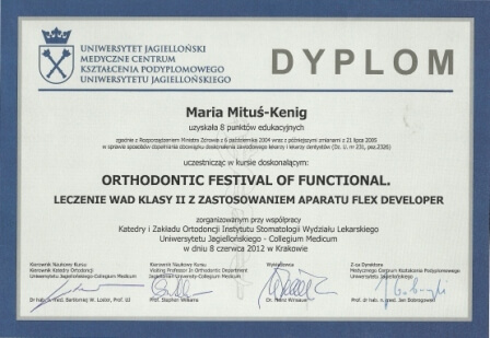 certyfikat potwierdzający uczestnictwo w kursie medycznym o specjalizacji ortodontycznej