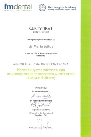 Certyfikat uczestnictwa w kursie Mikrochirurgia Ortodontyczna