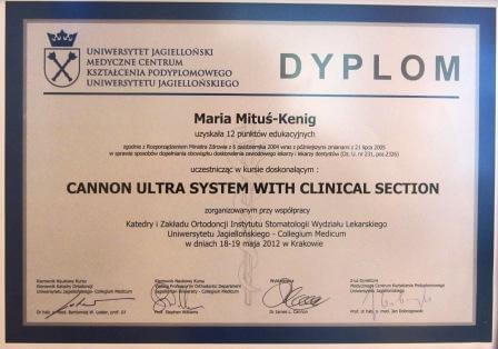 Certyfikat uczestnictwa w kursie Cannon Ultra System With Clinical Section