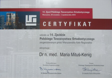 Certyfikat uczestnictwa w Zjeździe Polskiego Towarzystwa Ortodontycznego