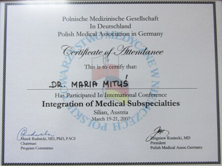 Certificate of attendence at Integration of Medical Subspecialties