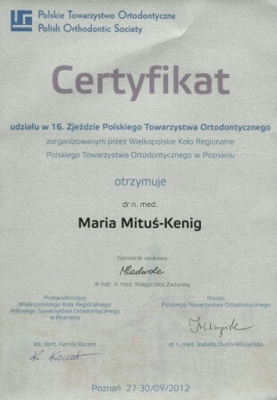 Certyfikat uczestnictwa w Zjeździe Polskiego Towarzysta Ortodontycznego