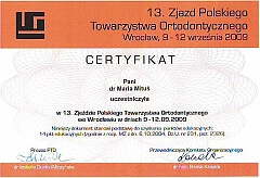 Certyfikat uczestwictwa w Zjeździe Polskiego Towarzystwa Ortodontycznego