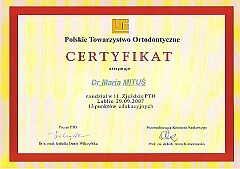 dyplom potwierdzający uczestnictwo w kursie medycznym o specjalizacji ortodontycznej