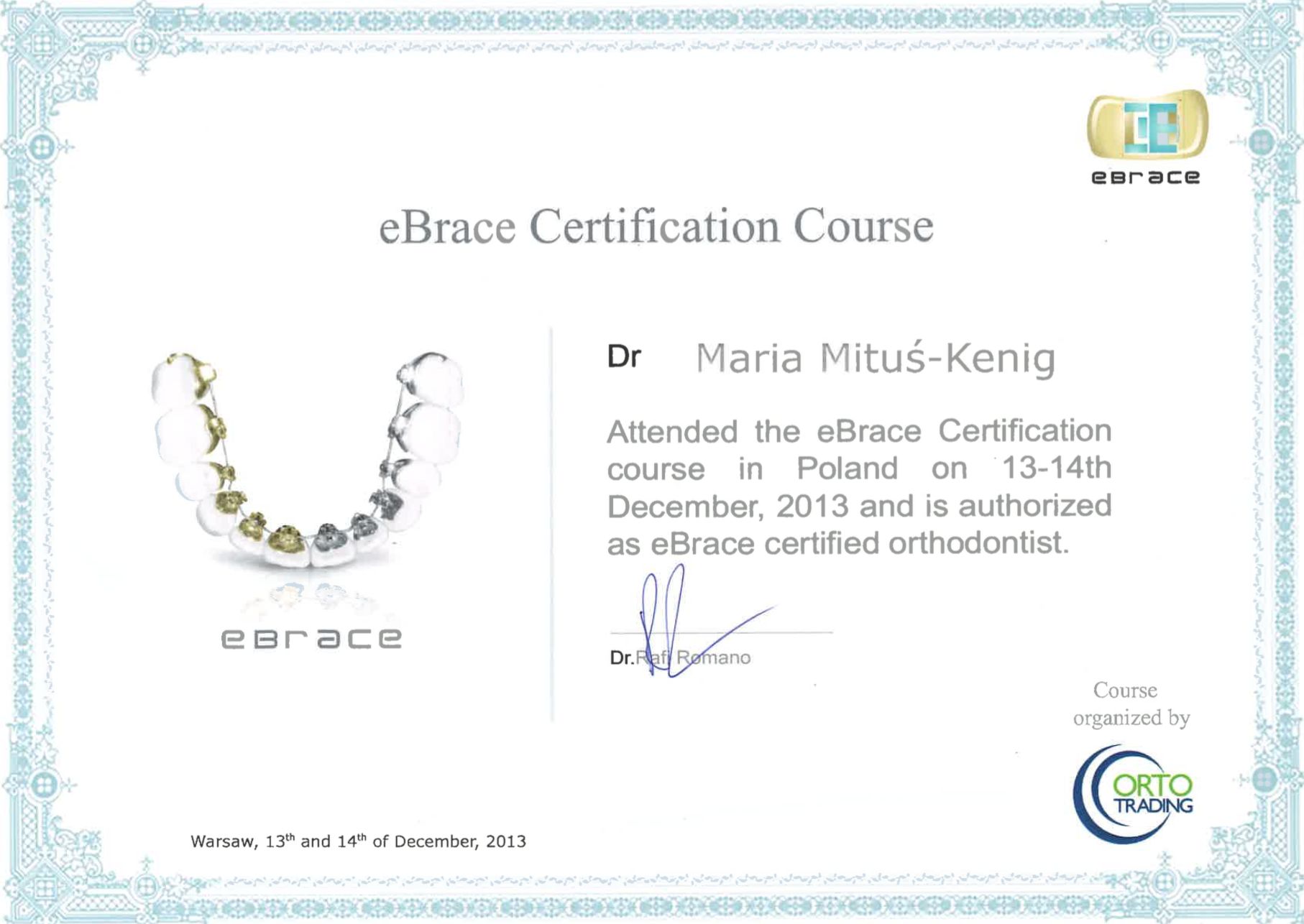 certyfikat potwierdzający udział w kursie ortodontycznym