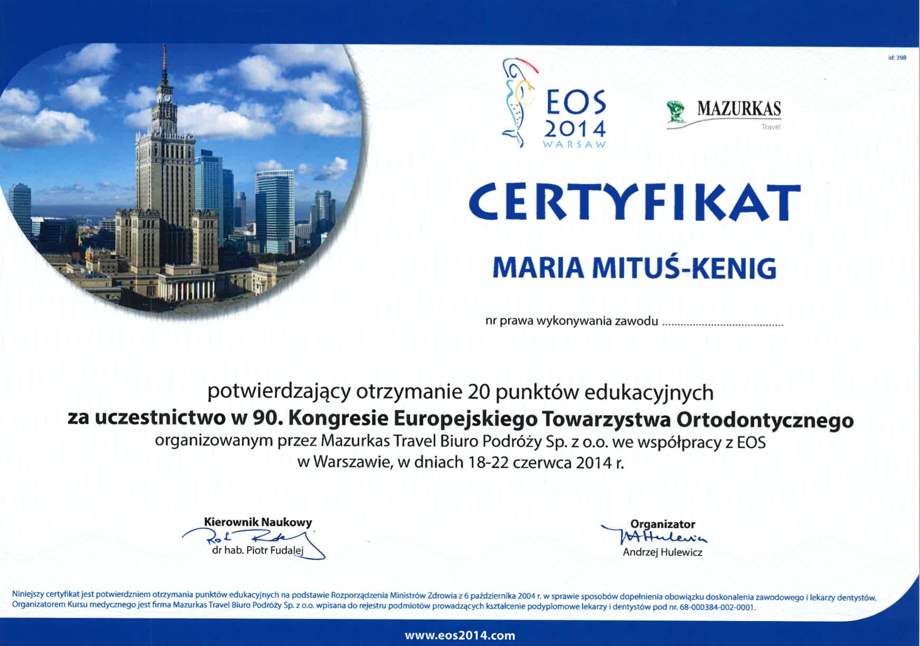 certyfikat potwierdzający uczestnictwo w Kongresie Europejskiego Towarzystwa Ortodontycznego