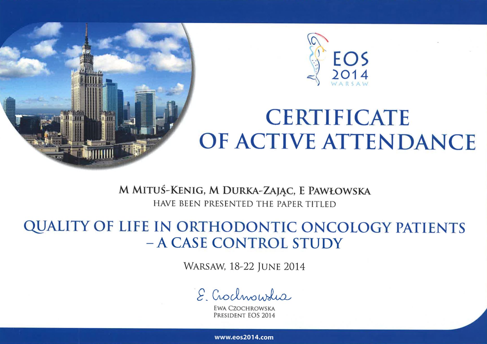 certyfikat potwierdzający uczestnictwo w wydarzeniu z zakresu ortodoncji