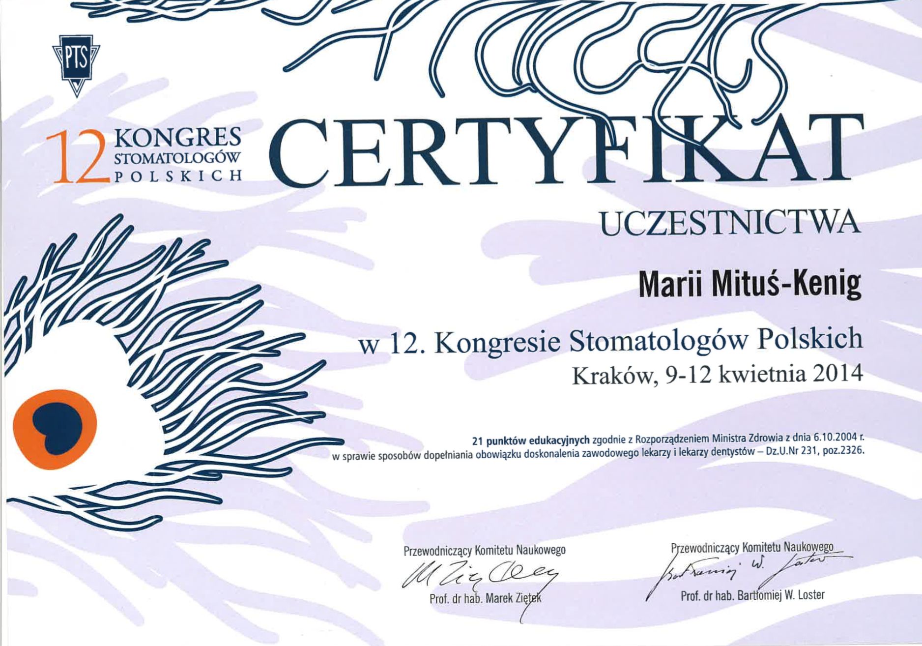 Certyfikat uczestnictwa w Kongresie Stomatologów Polskich