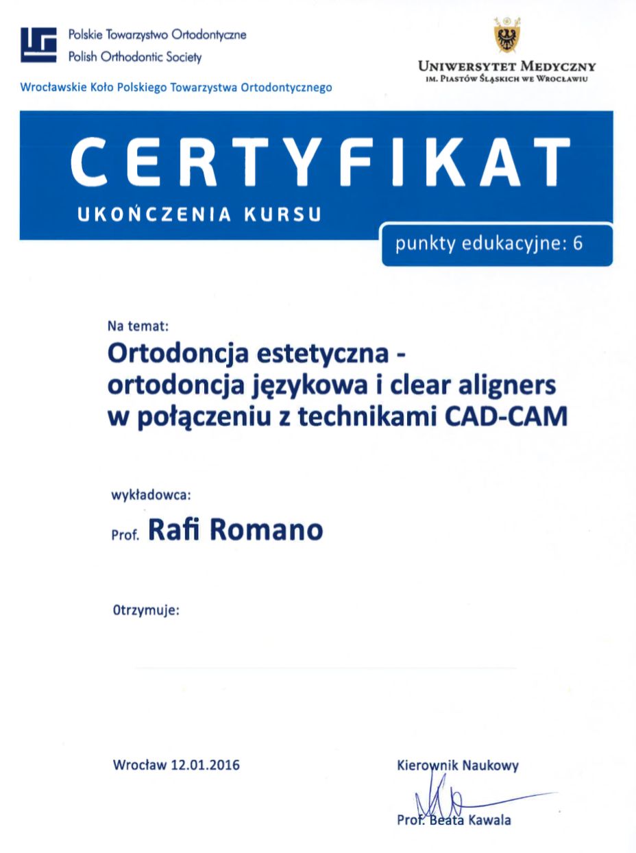 Certyfikat ukończenia kursu Ortodoncja Estetyczna