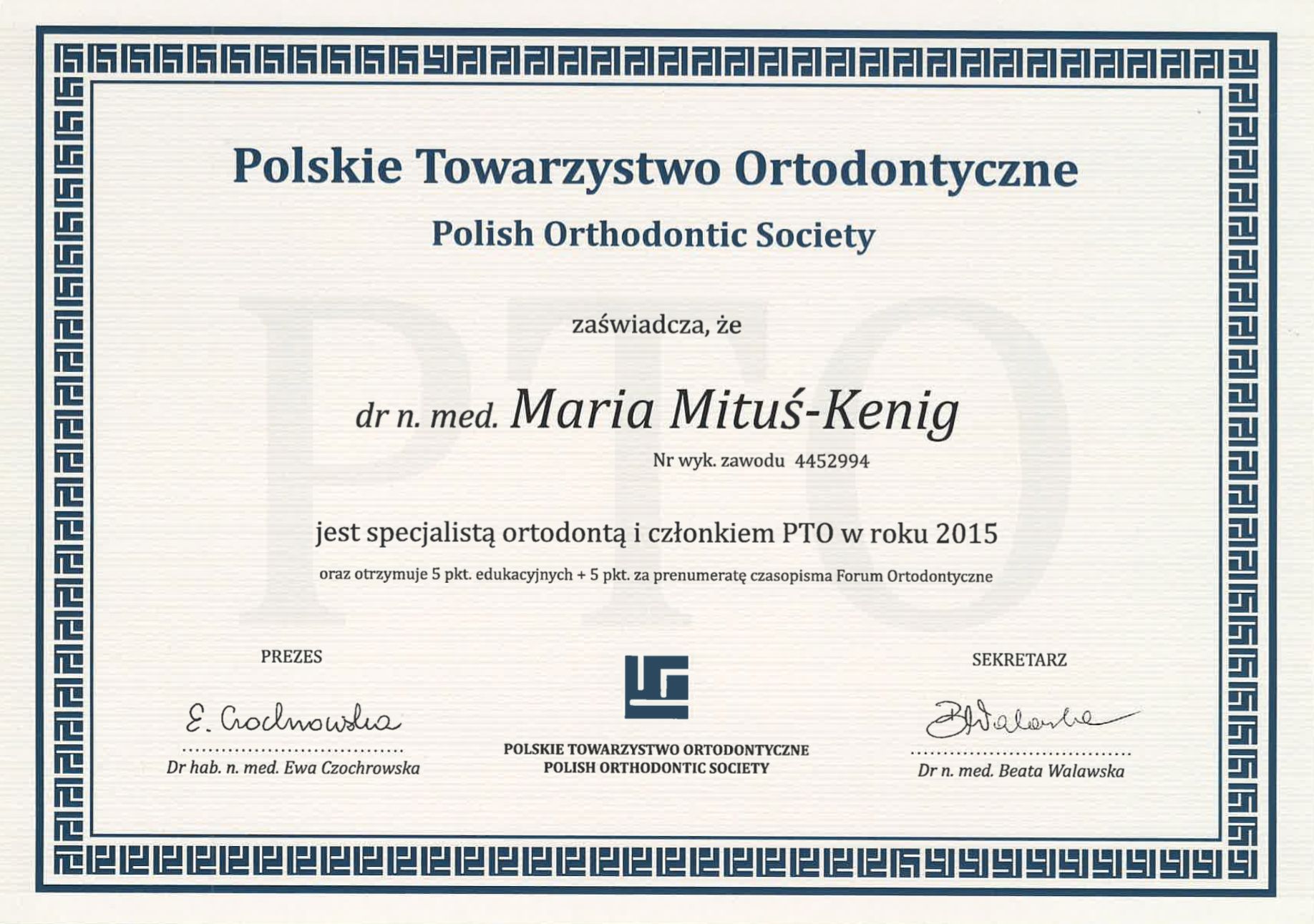certyfikat ukończenia kursu medycznego o tematyce ortodontycznej