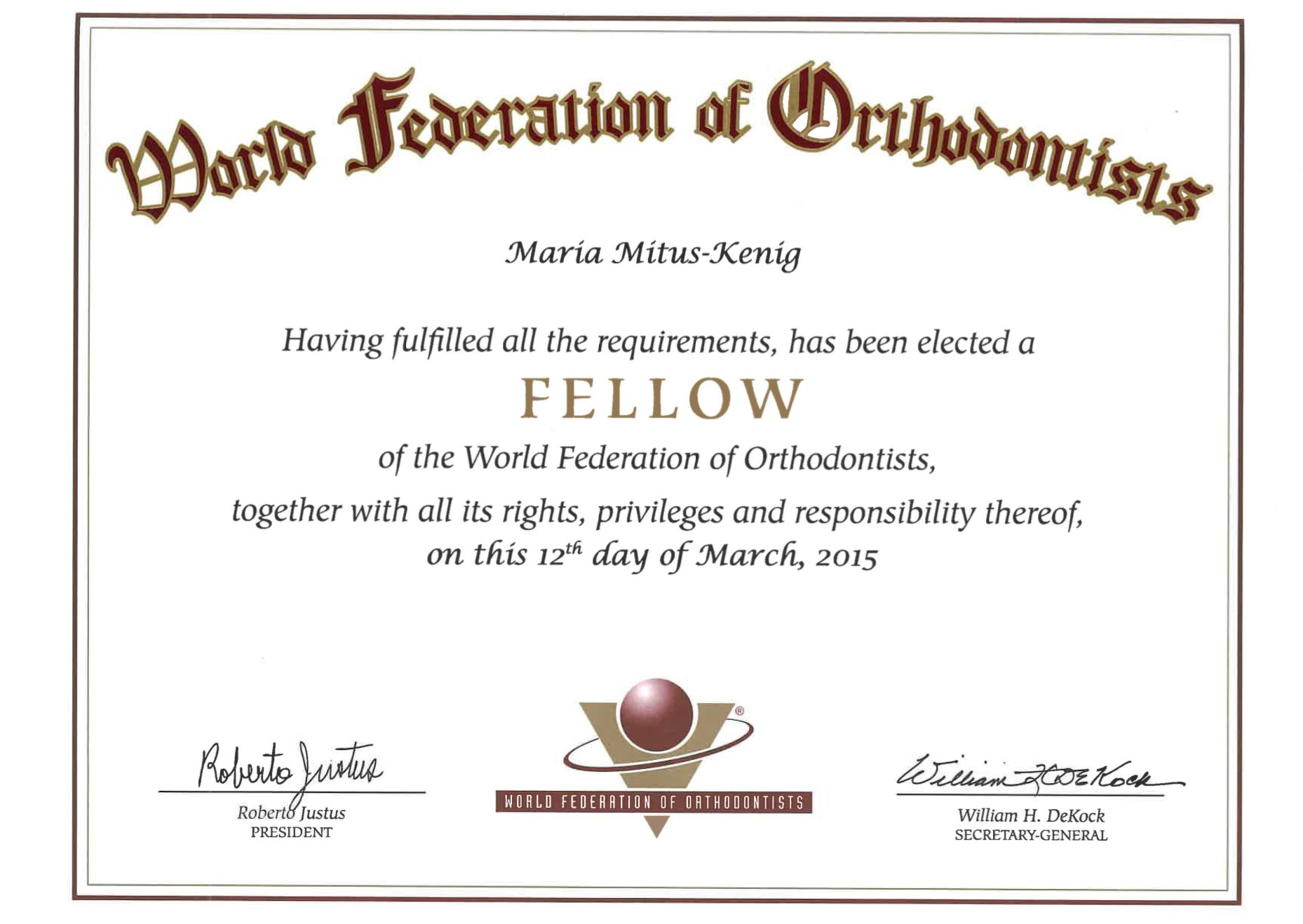 Certificate of the World Federation of Orthodontists