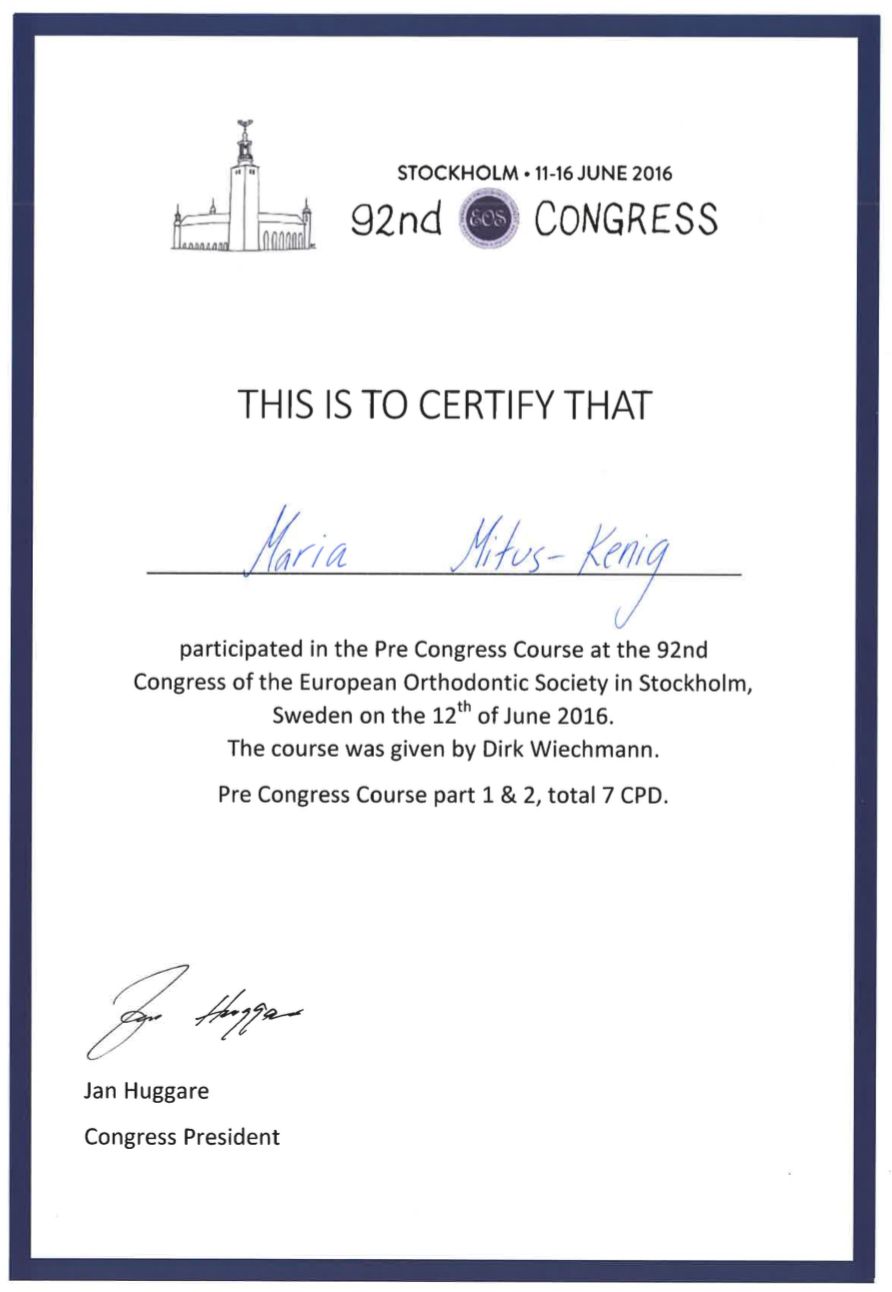 Certificate of attendance at Congress of the European Orthodontic Society in Stockholm