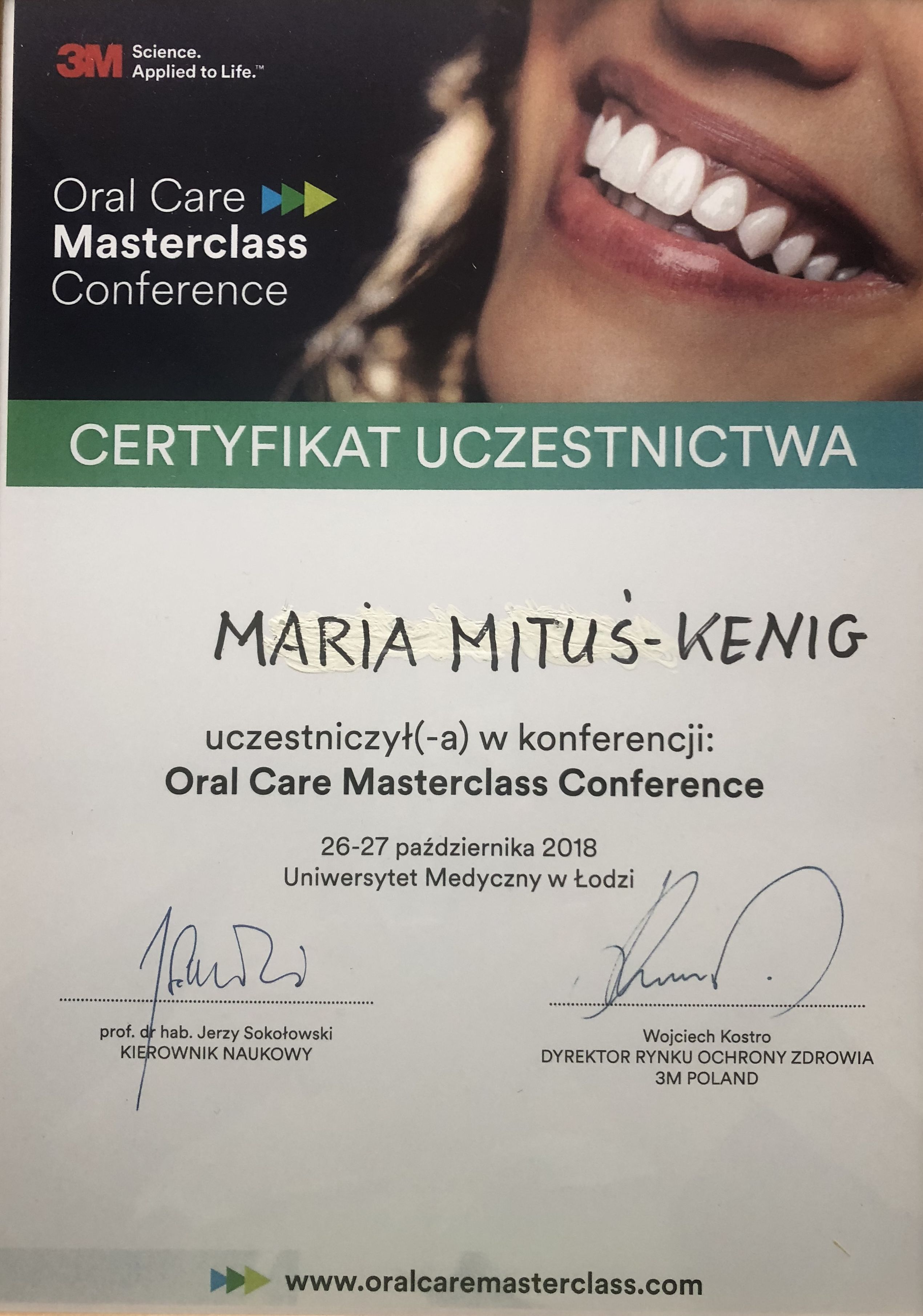 Certyfikat uczestnictwa Oral Care Masterclass Conference