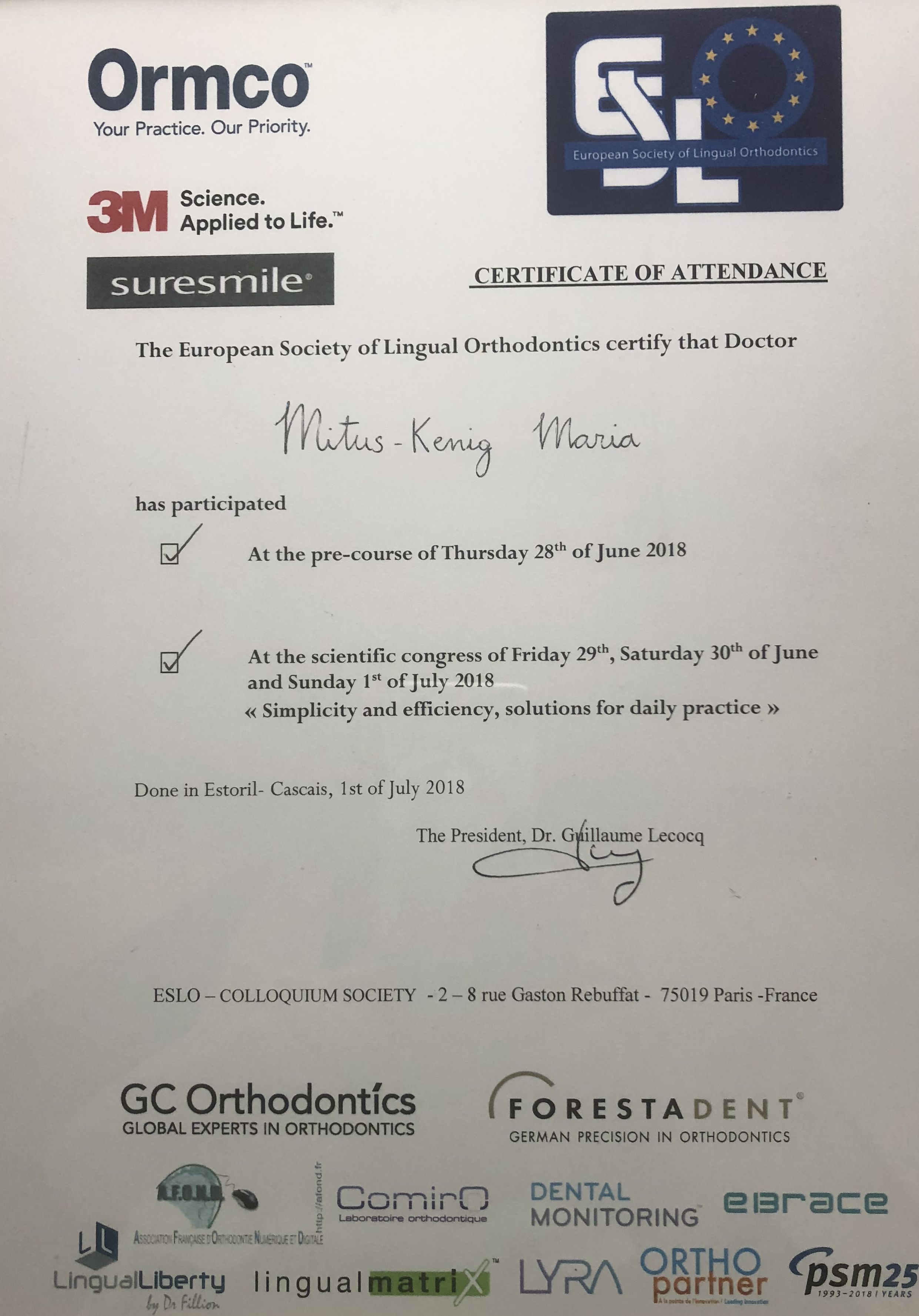 Certificate of attendance at the European Society of Lingual Orthodontics