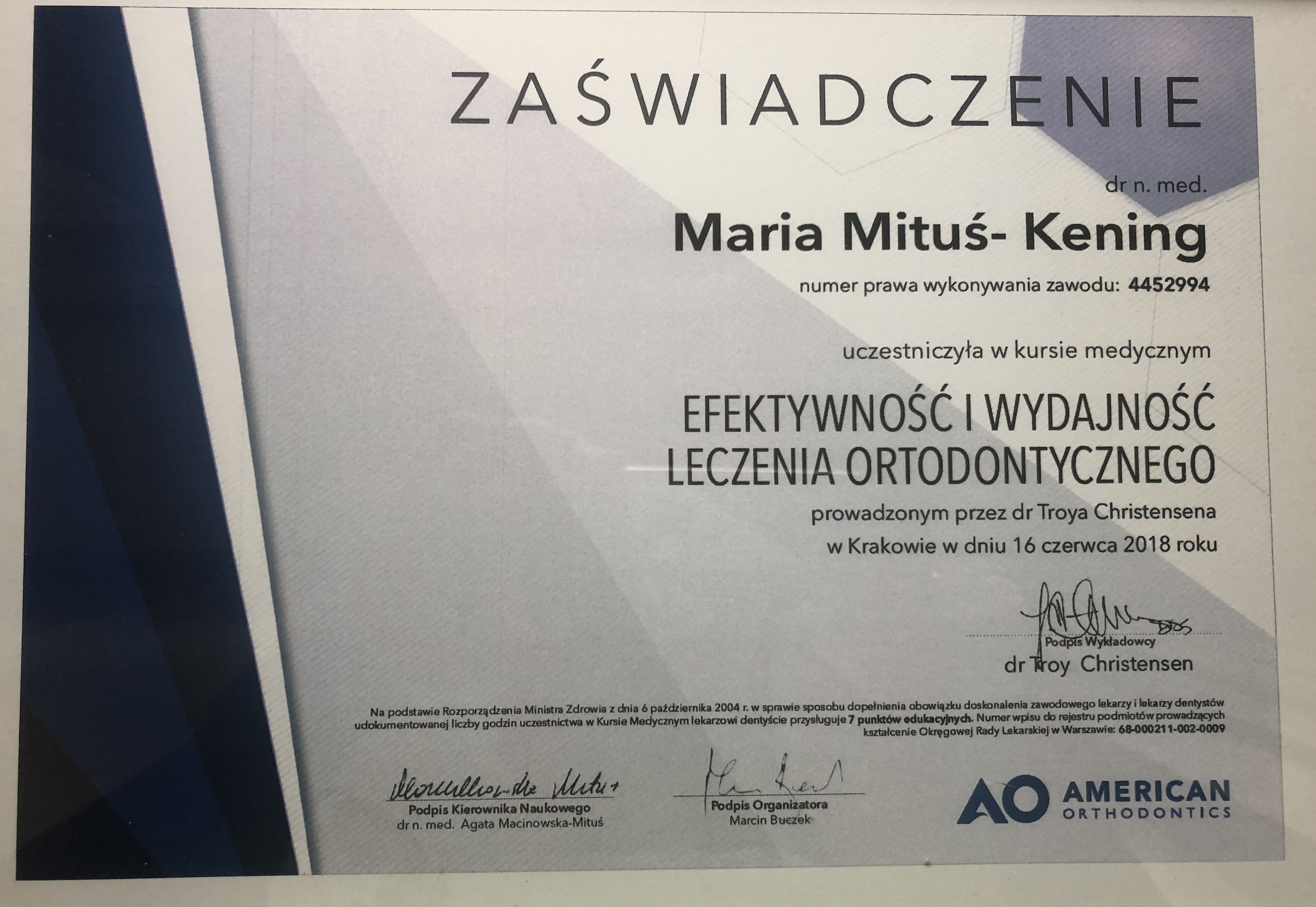 Zaświadczenie o uczestnictwie w kursie Efektywność i Wydajność Leczenia Ortodontycznego