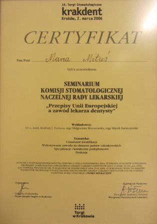 Certyfikat uczestnictwa w seminarium komisji Stomatologicznej Naczelnej Rady Lekarskiej