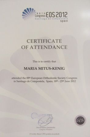 Certificate of attendance at European Orhodontic Society Congress