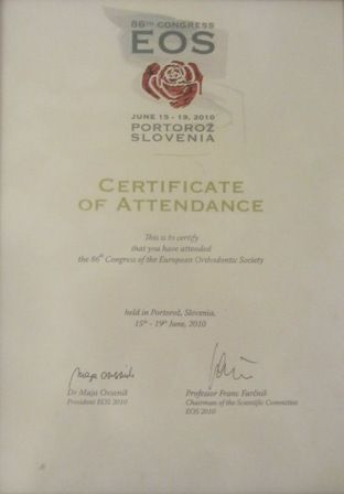 Certificate of attendance at Congress of The European Orthodontic Society