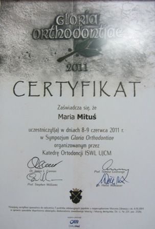 Certyfikat uczestnictwa w Sympozjum Gloria Orthodontiae