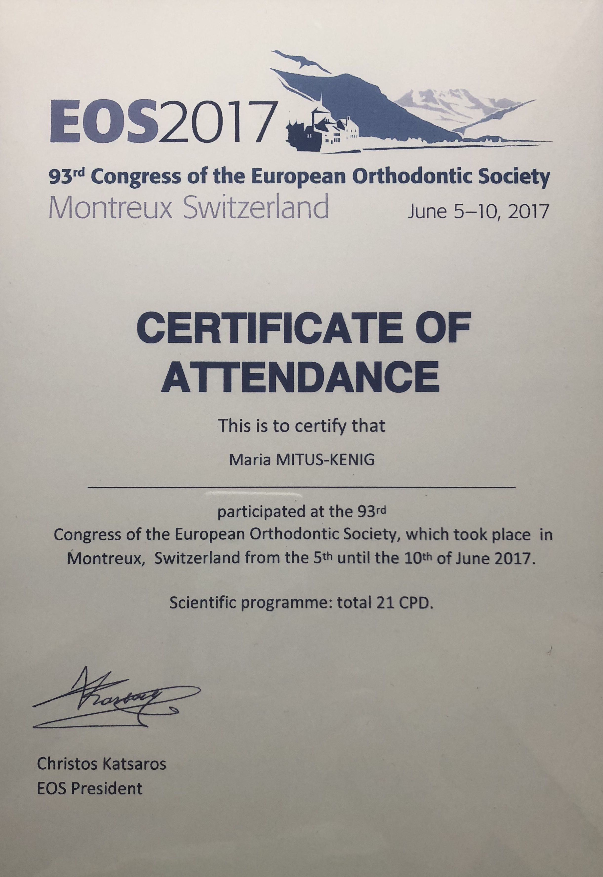 Certificate of attendance at Congress of the European Orthodontic Society