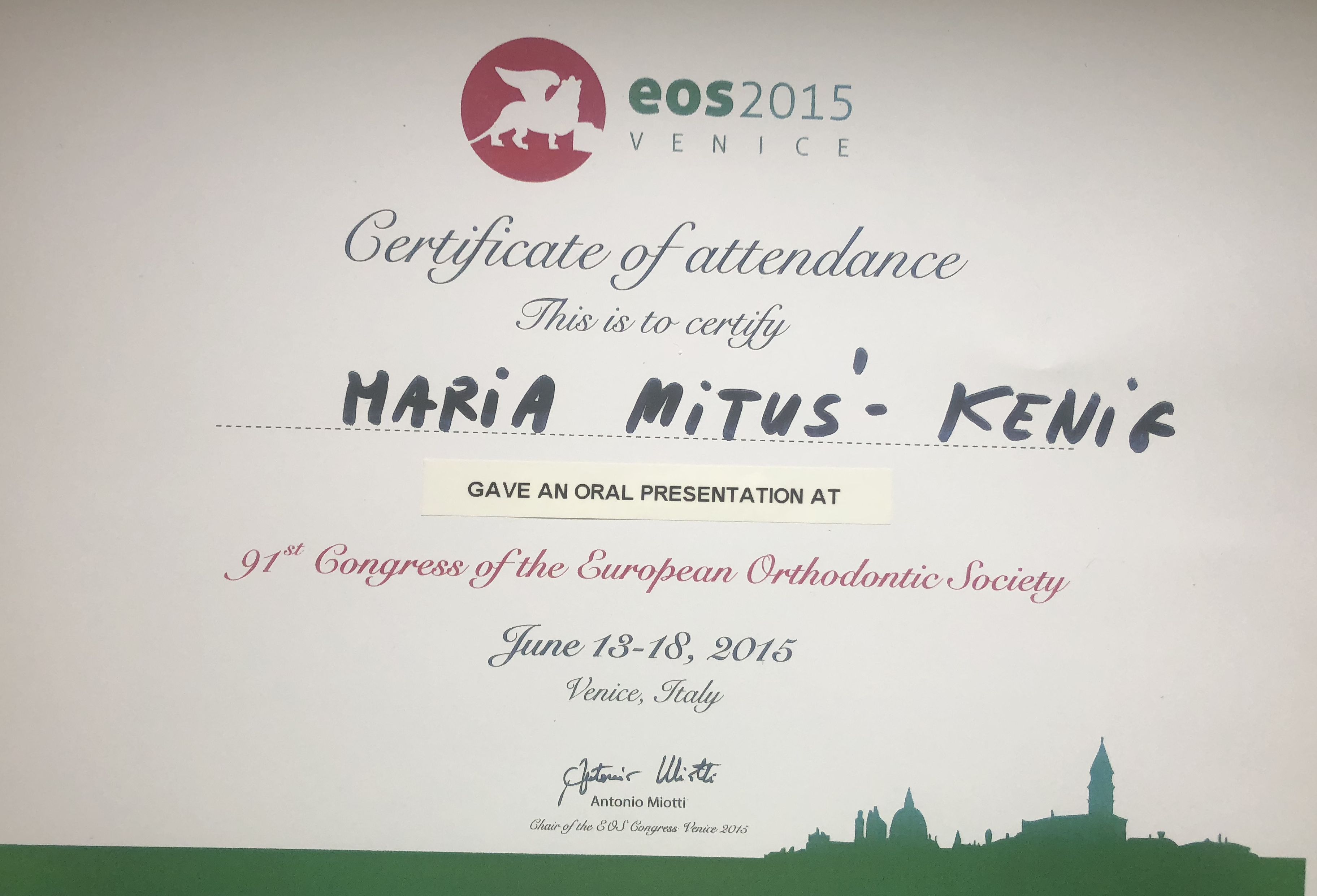 Certificate of attendance at European Orhodontic Society Congress